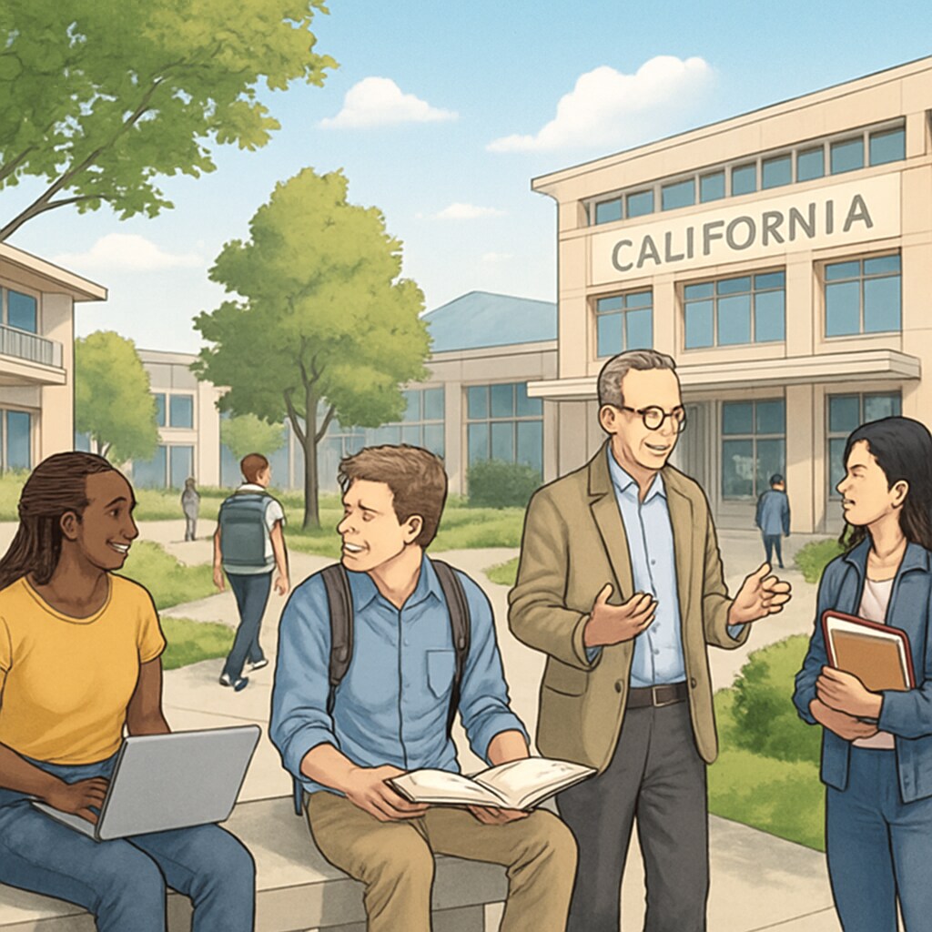 A California university campus with students and educators interacting in an outdoor setting. California University campus with educators and students collaborating.