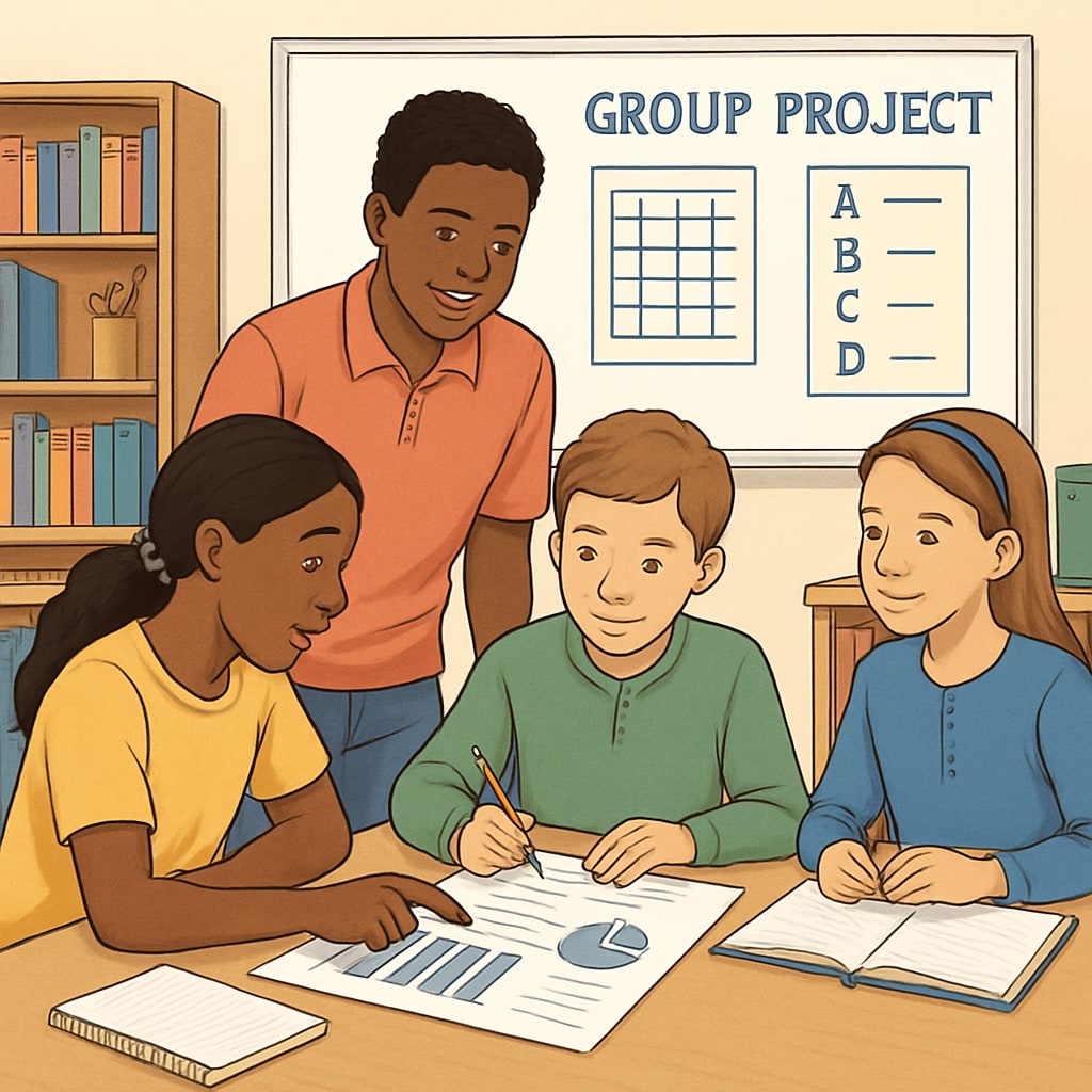 A U.S. classroom with students collaborating on a group project, emphasizing diverse evaluation methods and teamwork. U.S. classroom highlighting teamwork and diverse assessment methods.