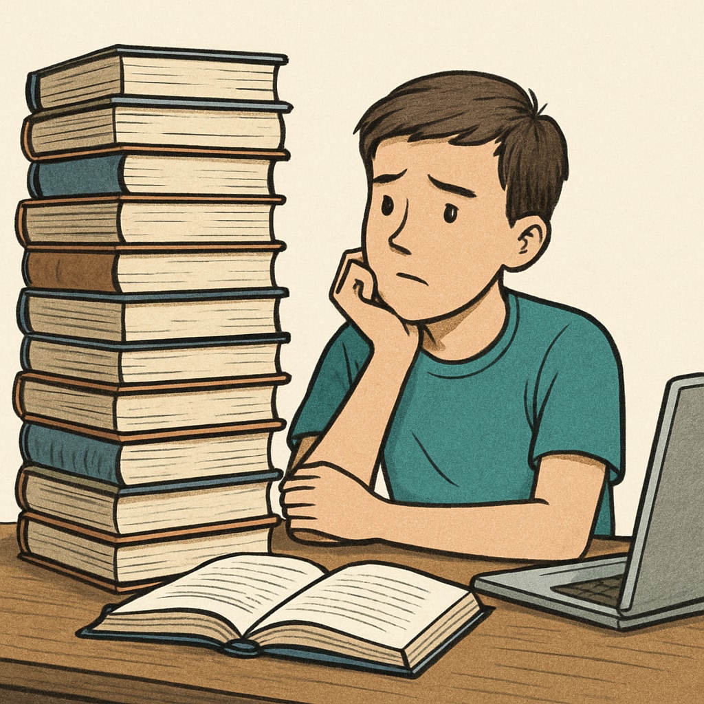 A young student looking at a stack of books with a laptop open, symbolizing the challenge of balancing education costs and academic aspirations. Migrant student's struggle with education costs symbolized by books and laptop.