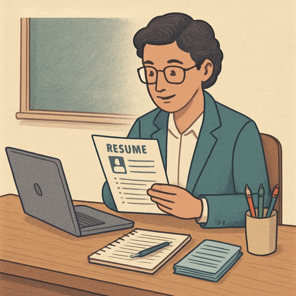 A professional educator reviewing their resume at a desk with a laptop and notes. Educator reviewing a resume for Canadian K-12 job applications.