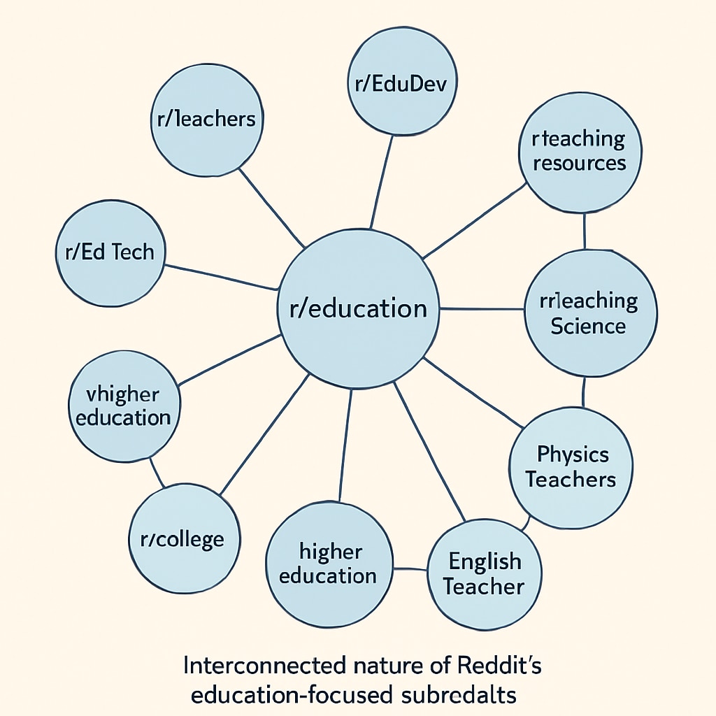 A digital network visualization, representing the interconnected nature of Reddit's education-focused subreddits. A network image illustrating the structure of Reddit's education subreddits.