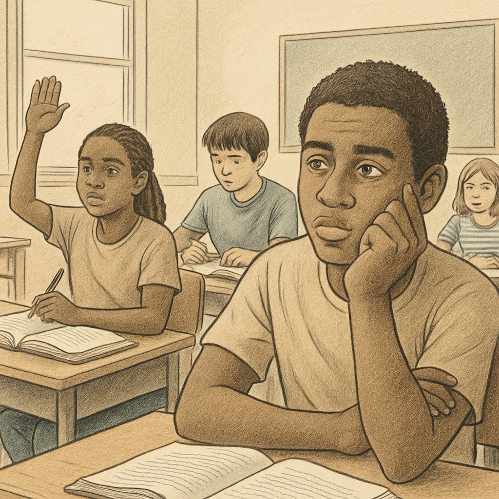 A diverse group of students in a classroom, with one student looking thoughtful, symbolizing the struggle of inclusion and access to education. Diverse classroom symbolizing inclusion challenges for migrant students.