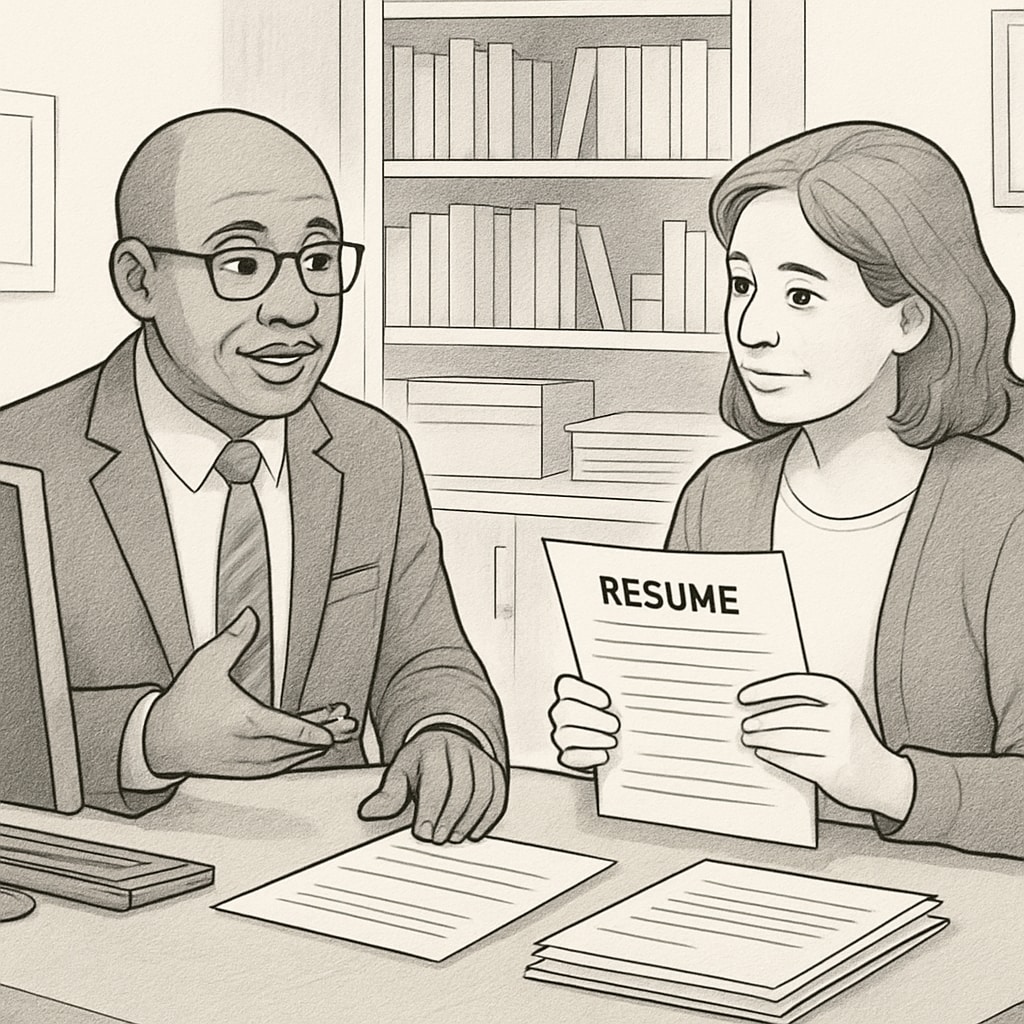 A career coach discussing resume improvements with an educator in an office setting. Career coach providing resume tips for Canadian education jobs.