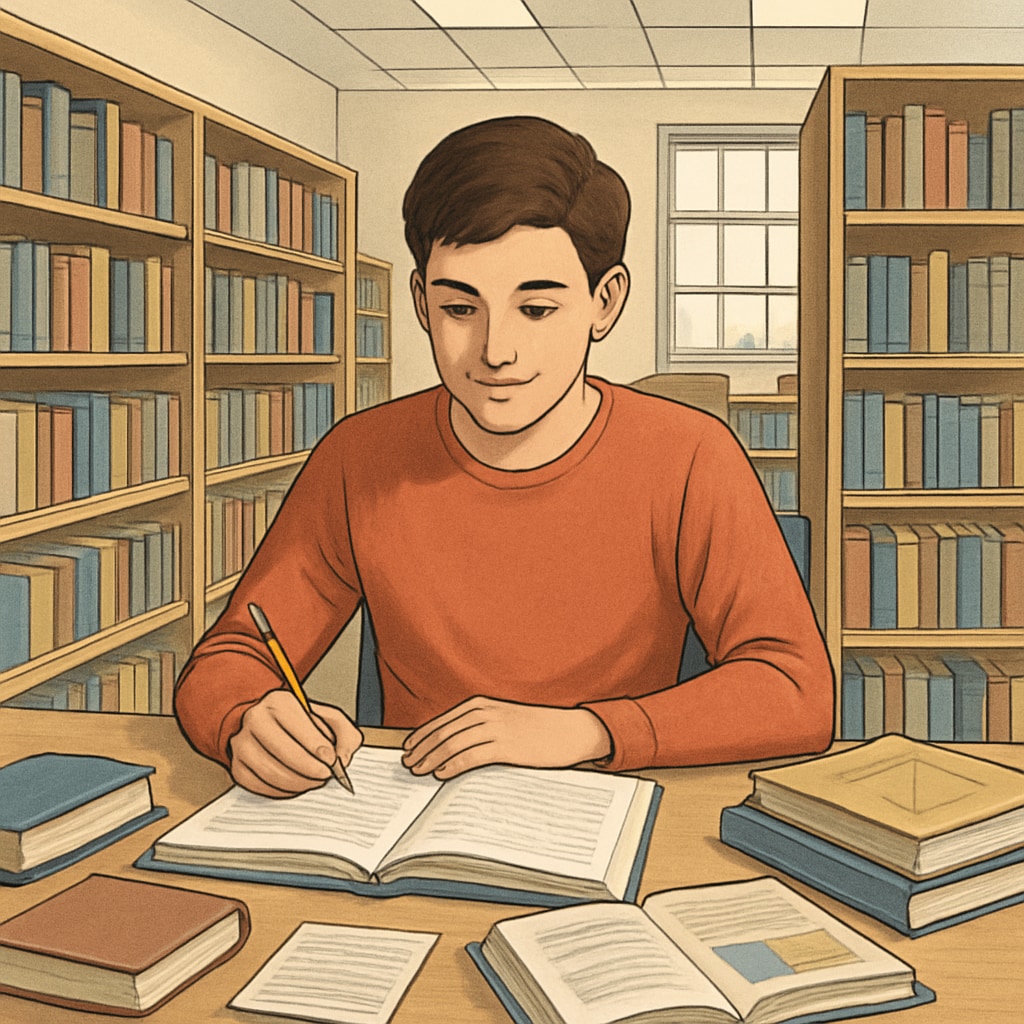 A young adult studying at a library while surrounded by educational resources, symbolizing a fresh start after educational interruptions. A young adult focused on studying at a library table, representing academic recovery opportunities in the UK.