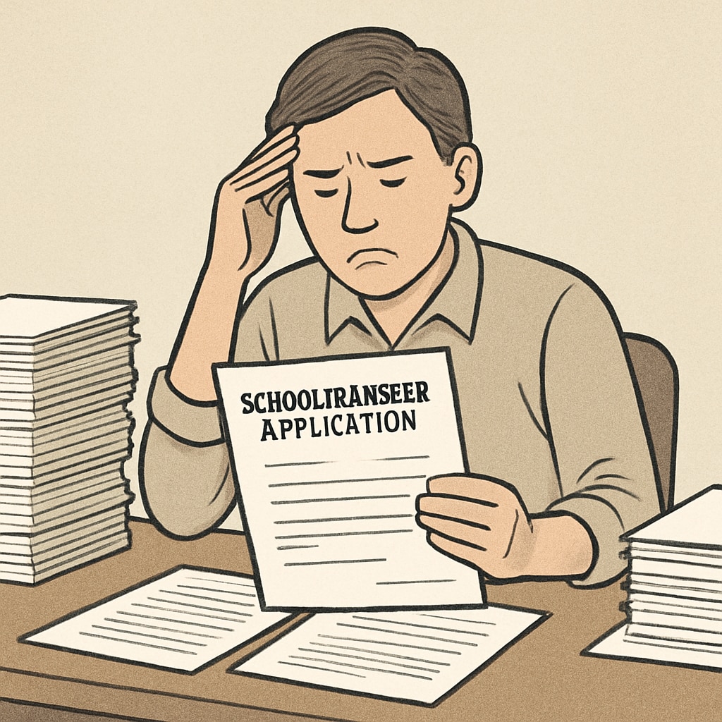 A frustrated parent reviewing paperwork for a school transfer application, symbolizing communication barriers in education systems. Frustrated parent reviewing school transfer paperwork, highlighting communication barriers.
