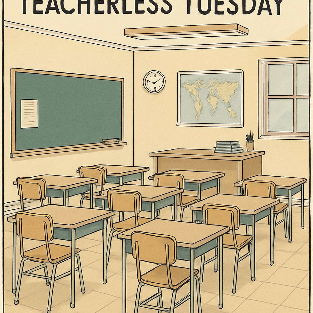 A classroom with empty desks and chairs, symbolizing the absence of teachers during Teacherless Tuesday. Empty classroom during Teacherless Tuesday protest.