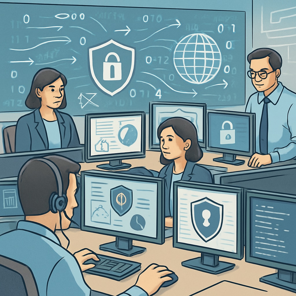 A futuristic illustration depicting cybersecurity professionals monitoring network systems. The image shows individuals working on multiple screens with digital data flowing in the background. Cybersecurity professionals monitoring systems to prevent cyber threats