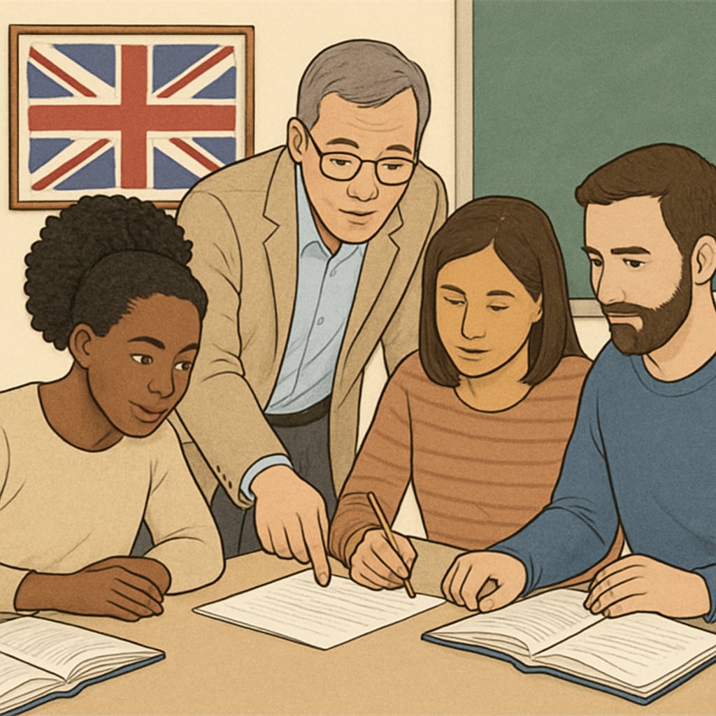 A diverse group of students participating in an adult education class, symbolizing inclusive learning opportunities in the UK. Adult learners engaging in classroom discussions, showcasing the inclusiveness of UK educational programs.