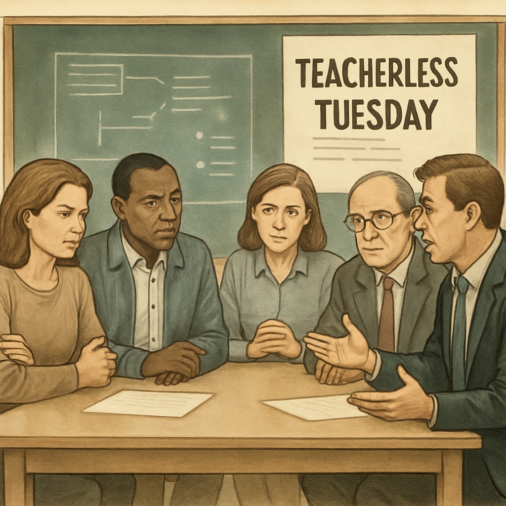 A meeting of frustrated parents and school administrators discussing the implications of Teacherless Tuesday. Parents and administrators discussing Teacherless Tuesday's impact.