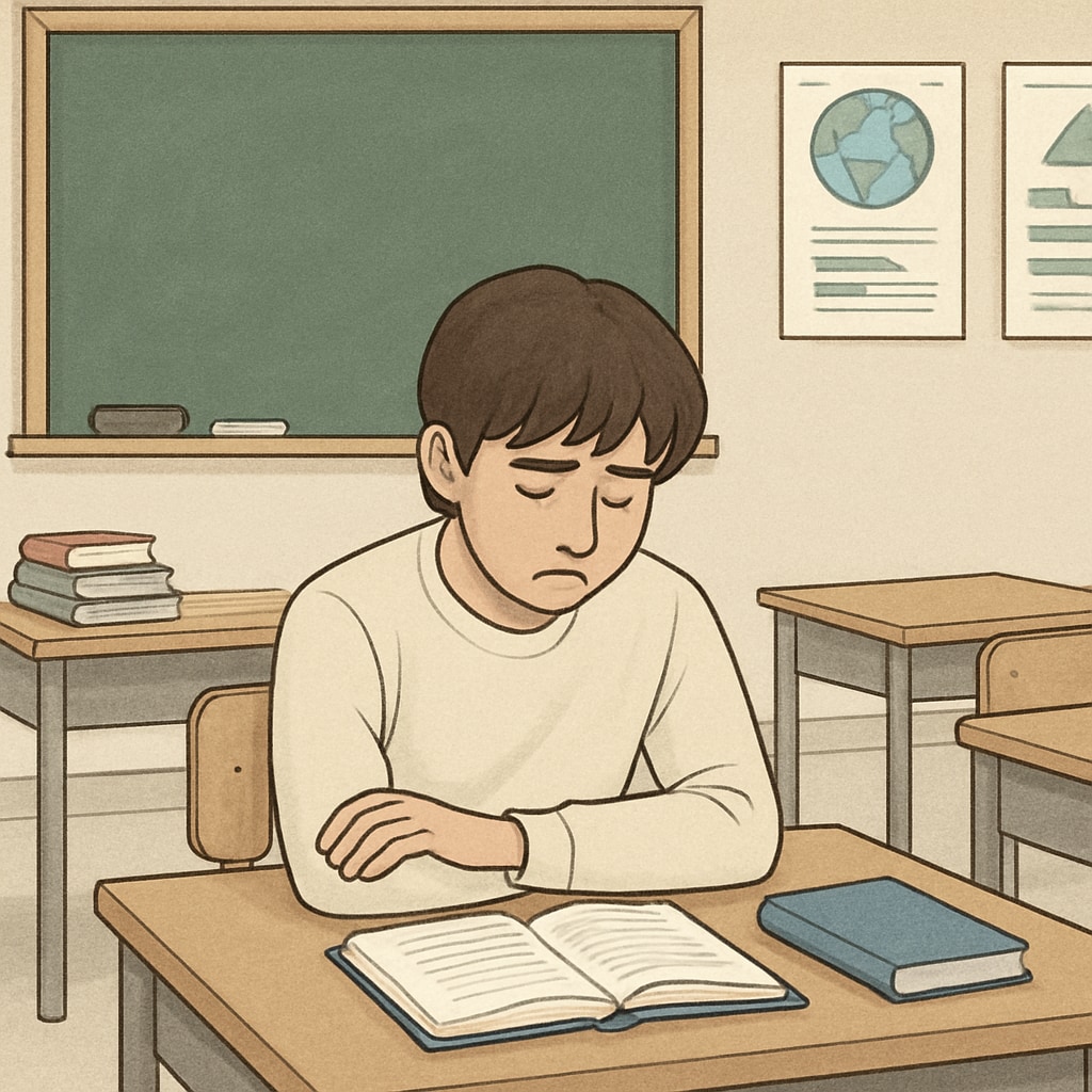A student sitting alone in a classroom, representing the emotional impact of school discrimination and lack of support for transfers. Student in an empty classroom, symbolizing emotional effects of school discrimination.