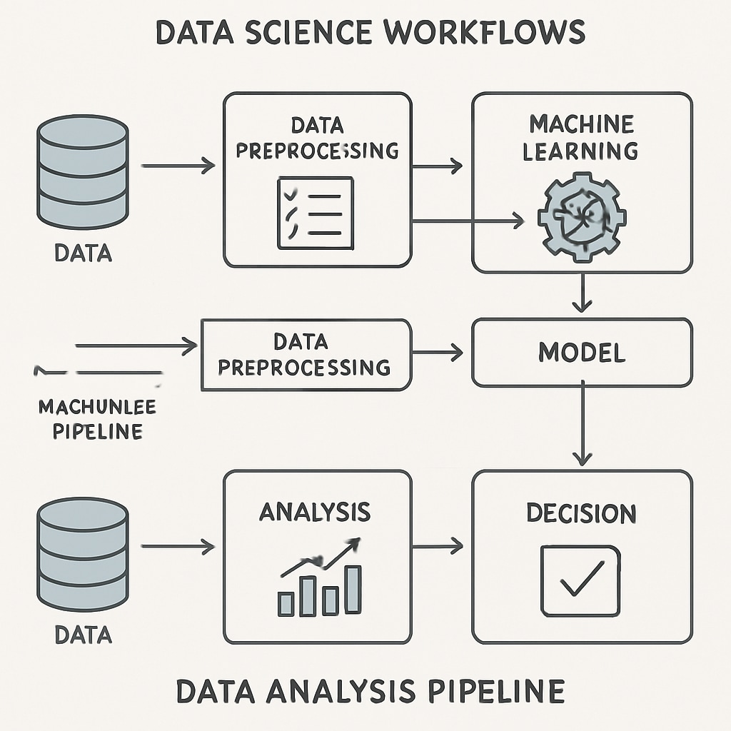 A graphical representation of data science workflows, including machine learning and data analysis pipelines. The image visually demonstrates the data-to-decision process. Data science workflows including machine learning and analysis