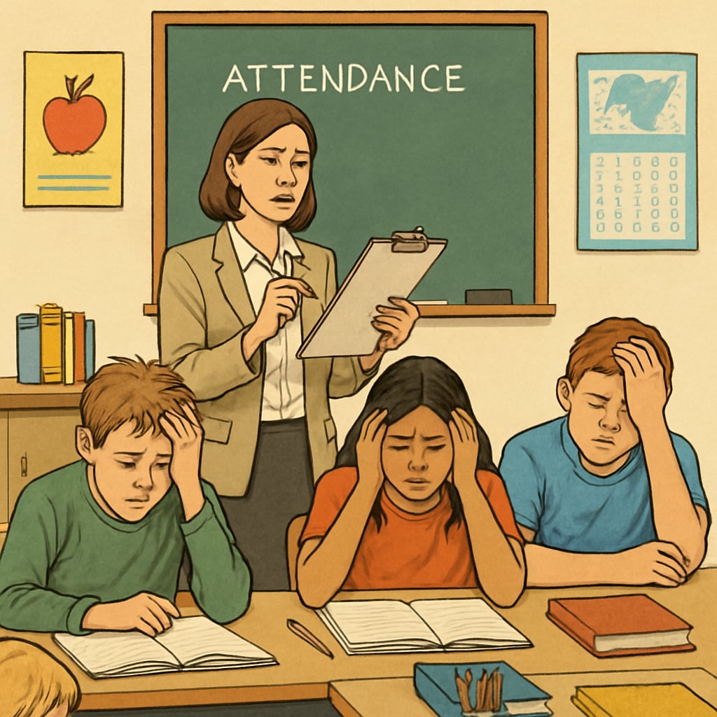 A classroom scene showing a teacher taking attendance while students appear stressed, symbolizing the pressure of strict attendance policies. Teacher taking attendance in a classroom under strict policies.