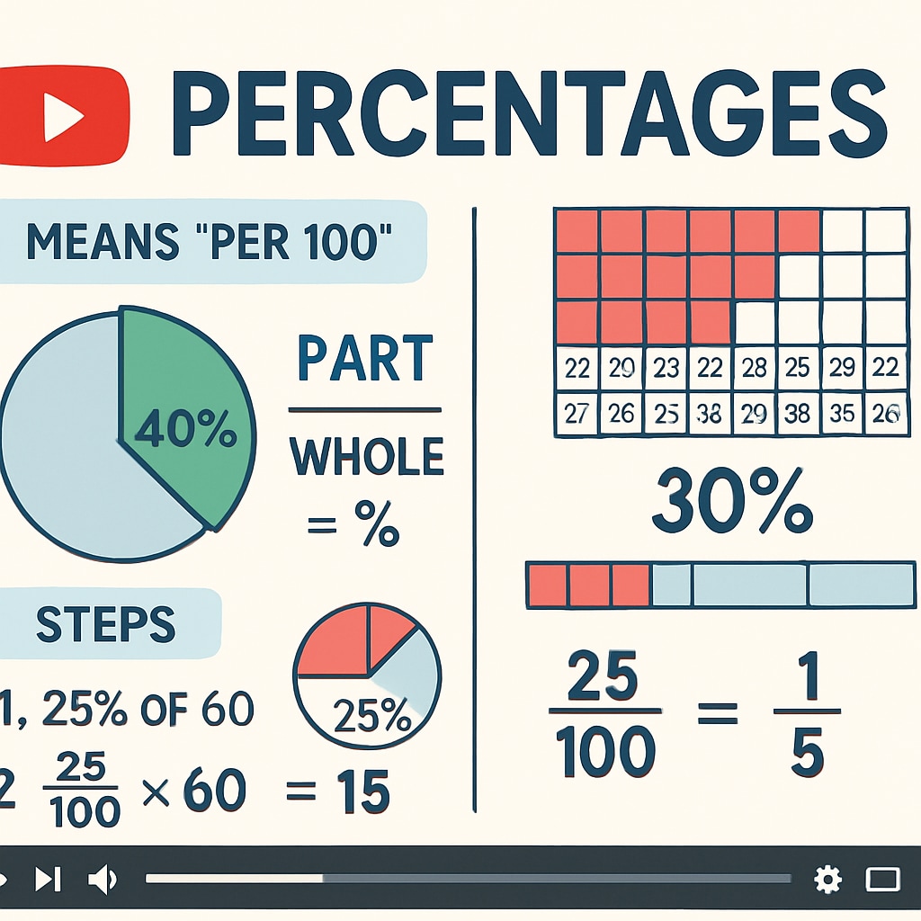 A screenshot of a YouTube video tutorial explaining percentages with visual charts and examples. Percentage tutorial from YouTube explaining basic math concepts for campus recruitment.