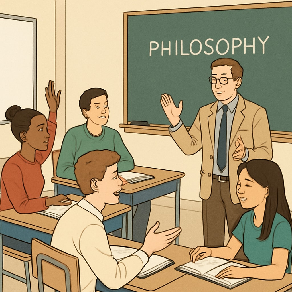 A classroom where students are actively engaged in a philosophy discussion, led by a teacher. Students discussing philosophical concepts with their teacher in a classroom setting.