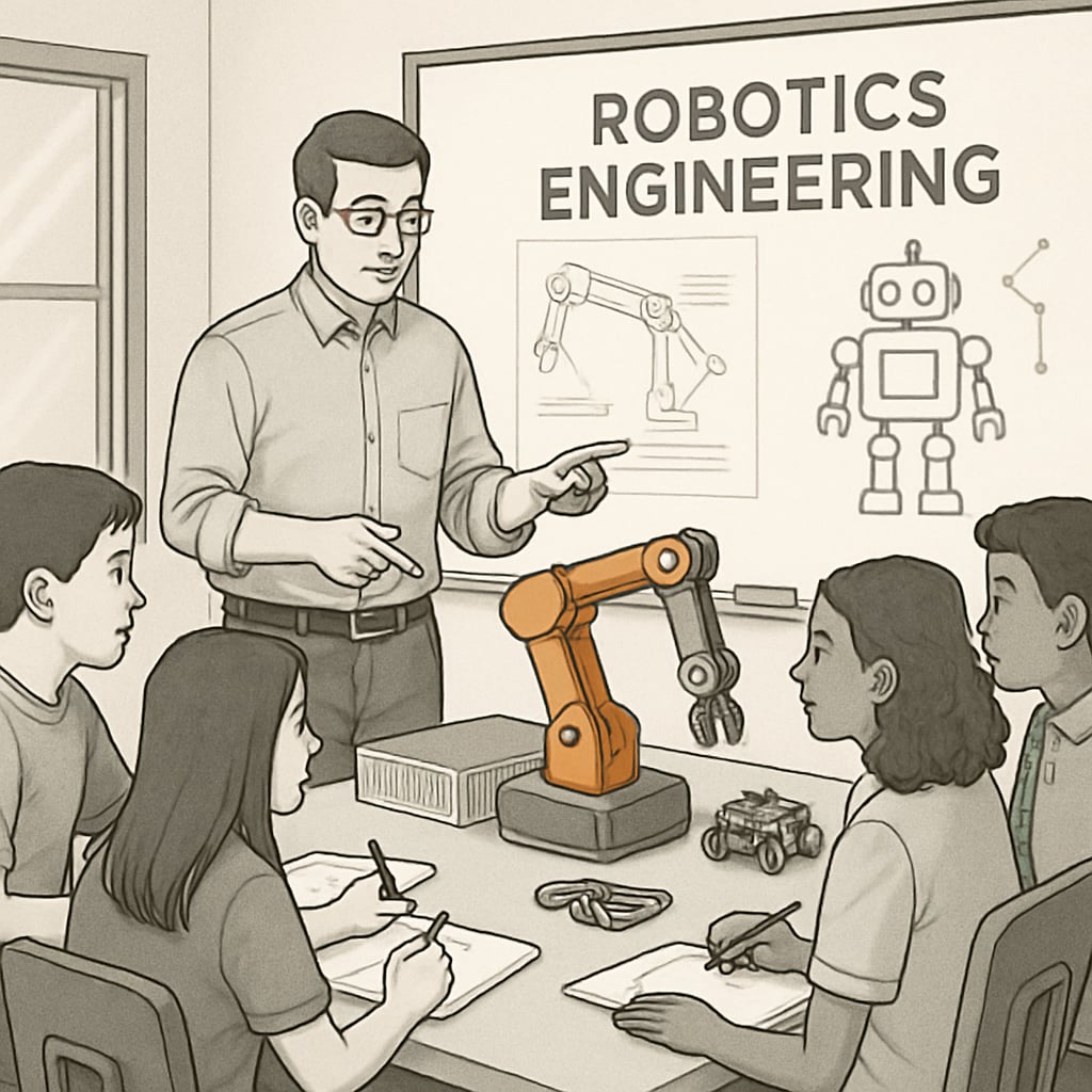 A high school teacher demonstrating robotics engineering concepts to students, illustrating the application of dual-degree skills in STEM education. High school teacher teaching robotics as part of STEM education.