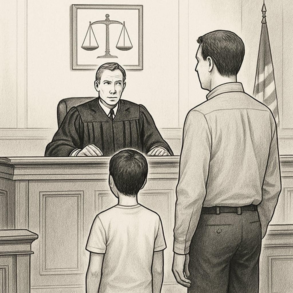 A courtroom scene where a student and parent are appearing before a judge for attendance violations, illustrating the legal implications of strict policies. Student and parent in court due to attendance issues.