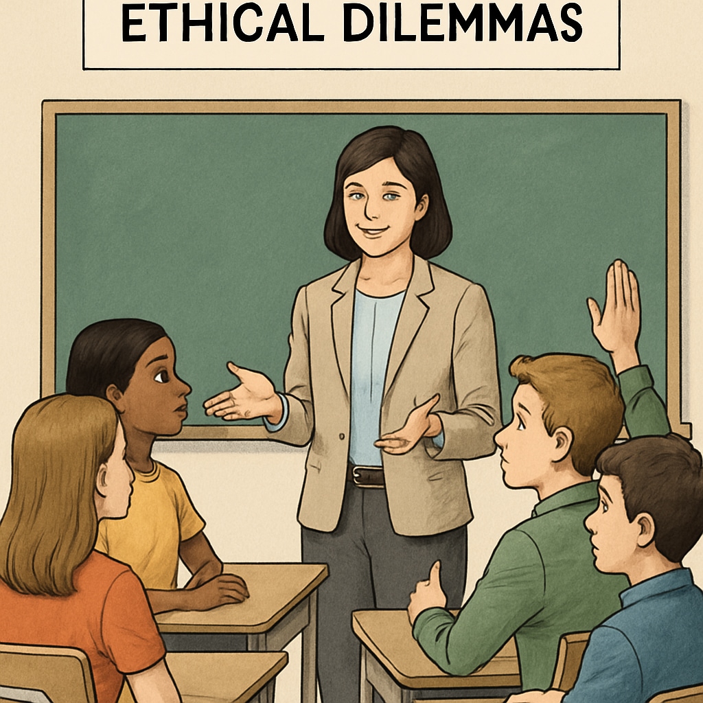 A teacher engaging middle school students in a discussion about ethical dilemmas. Middle school students debating ethical dilemmas with their philosophy teacher.