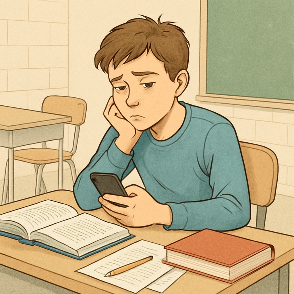 A teenager sitting at a desk, distracted by a smartphone, symbolizing low motivation. A teenager distracted by a smartphone, reflecting low learning motivation.