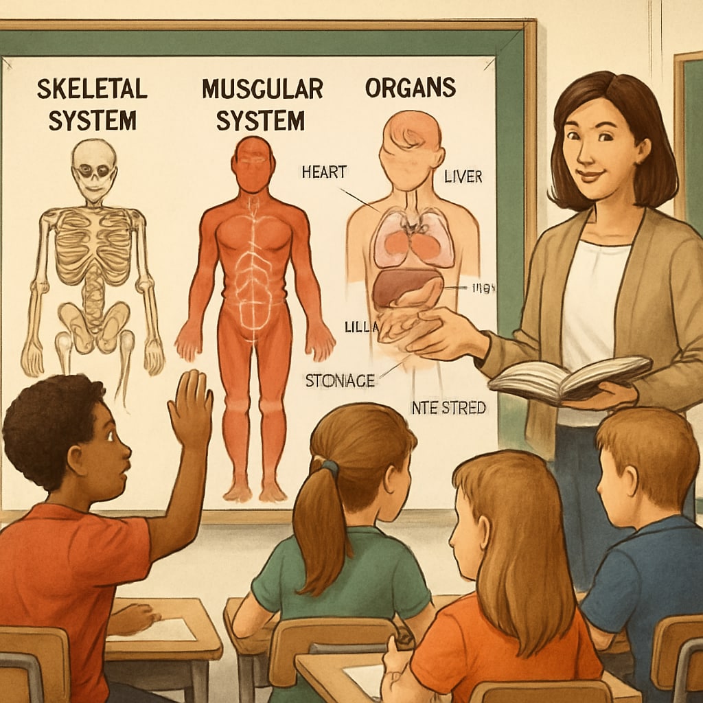 A group of K12 students engaged in an interactive biology lesson about basic human anatomy. K12 students learning human anatomy in an interactive classroom setting.