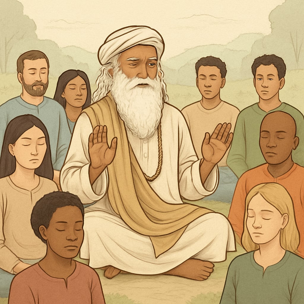 Sadhguru engaging in a group meditation session, illustrating mindfulness and its application to holistic education. Sadhguru leading a group meditation session to demonstrate mindfulness for education.
