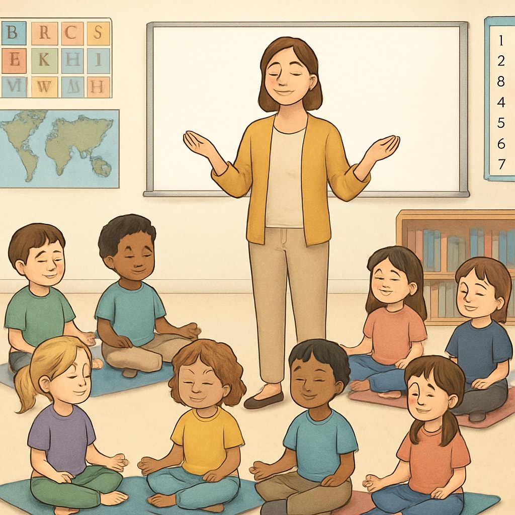 A classroom of children practicing mindfulness exercises, guided by a teacher inspired by Sadhguru’s teachings. Students learning mindfulness in a classroom as part of a holistic curriculum influenced by Sadhguru.