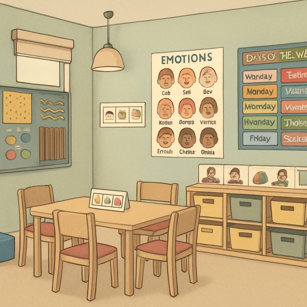 A classroom environment designed for children with Autism Spectrum Disorder, featuring sensory-friendly tools and visual aids. Special education classroom with sensory tools for children with Autism Spectrum Disorder