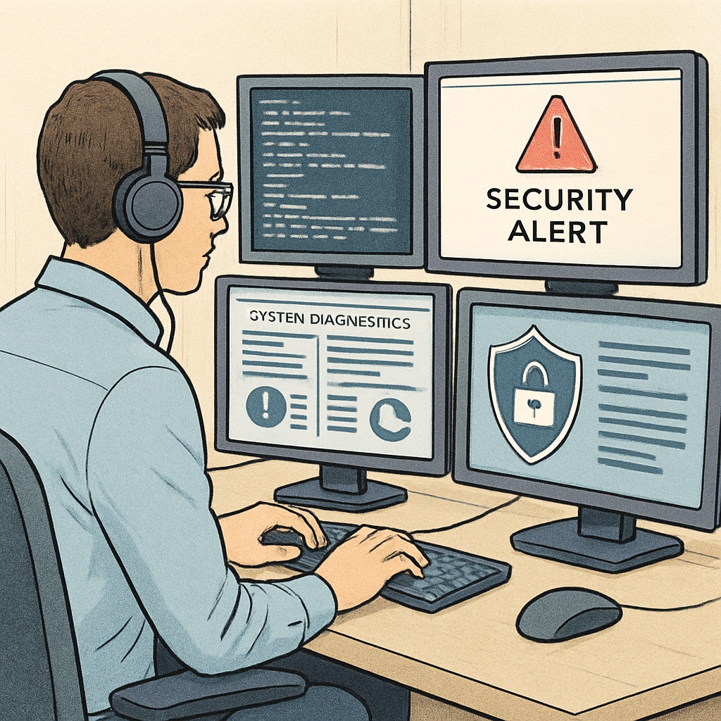 A cybersecurity specialist working at a computer with multiple screens displaying code and security alerts. Cybersecurity specialist ensuring data protection and system security.