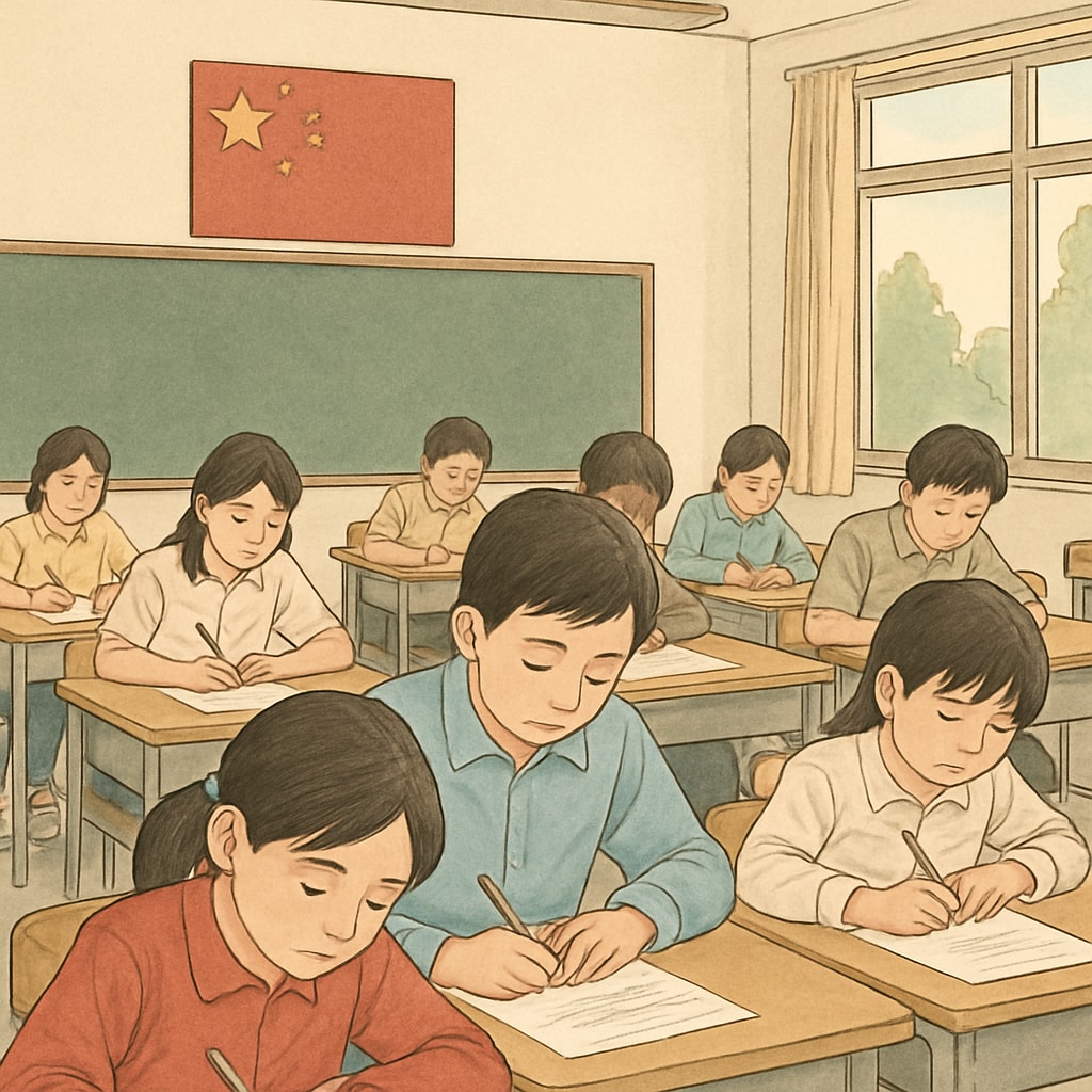 A classroom in China with students taking a standardized test, reflecting the focus on exams. Students in a Chinese classroom taking a standardized test.