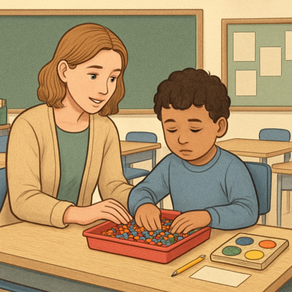 A teaching assistant helping a child with Autism Spectrum Disorder complete a sensory activity in a collaborative classroom setting. Teaching assistant working with a child with Autism Spectrum Disorder on a sensory activity