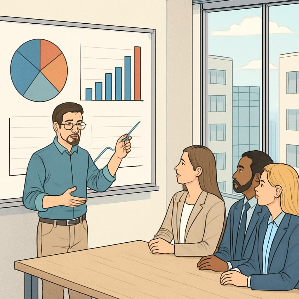 A data scientist presenting a data visualization chart to colleagues in a modern office. Data scientist explaining a data-driven solution using charts and graphs.