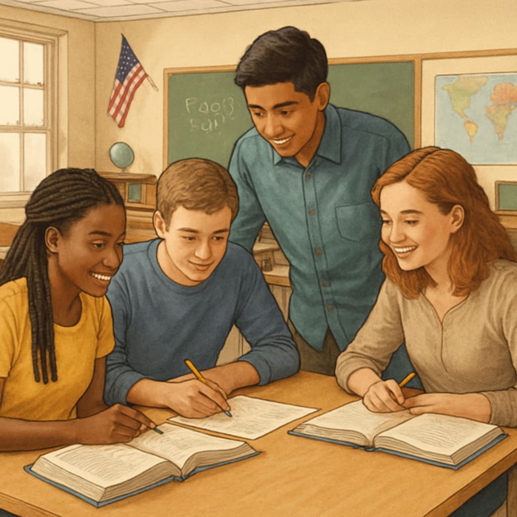 An American high school classroom with students working on a group project, illustrating holistic learning. American students collaborating on a group project in a classroom.