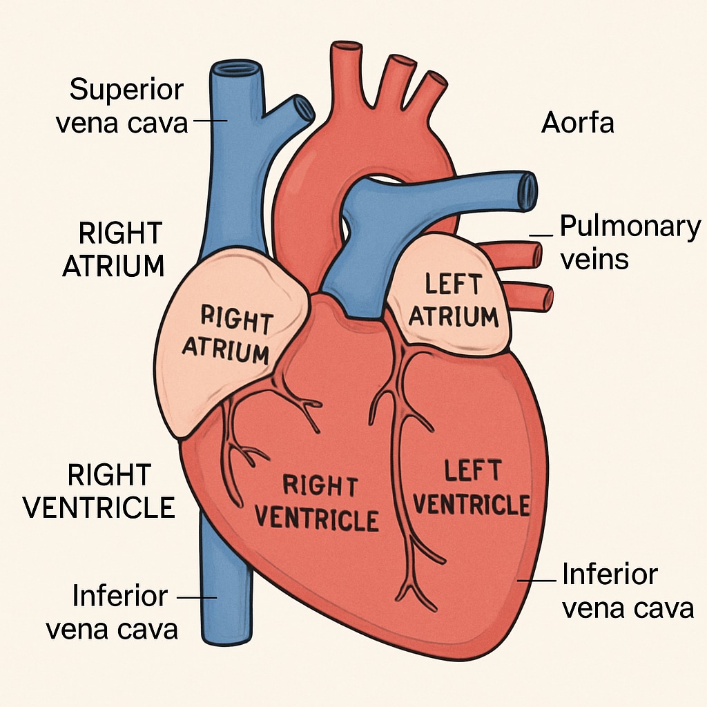 A simplified diagram of the human heart showing its chambers and major blood vessels, illustrating basic cardiology concepts. Basic heart anatomy for non-medical learners, including chambers and vessels.