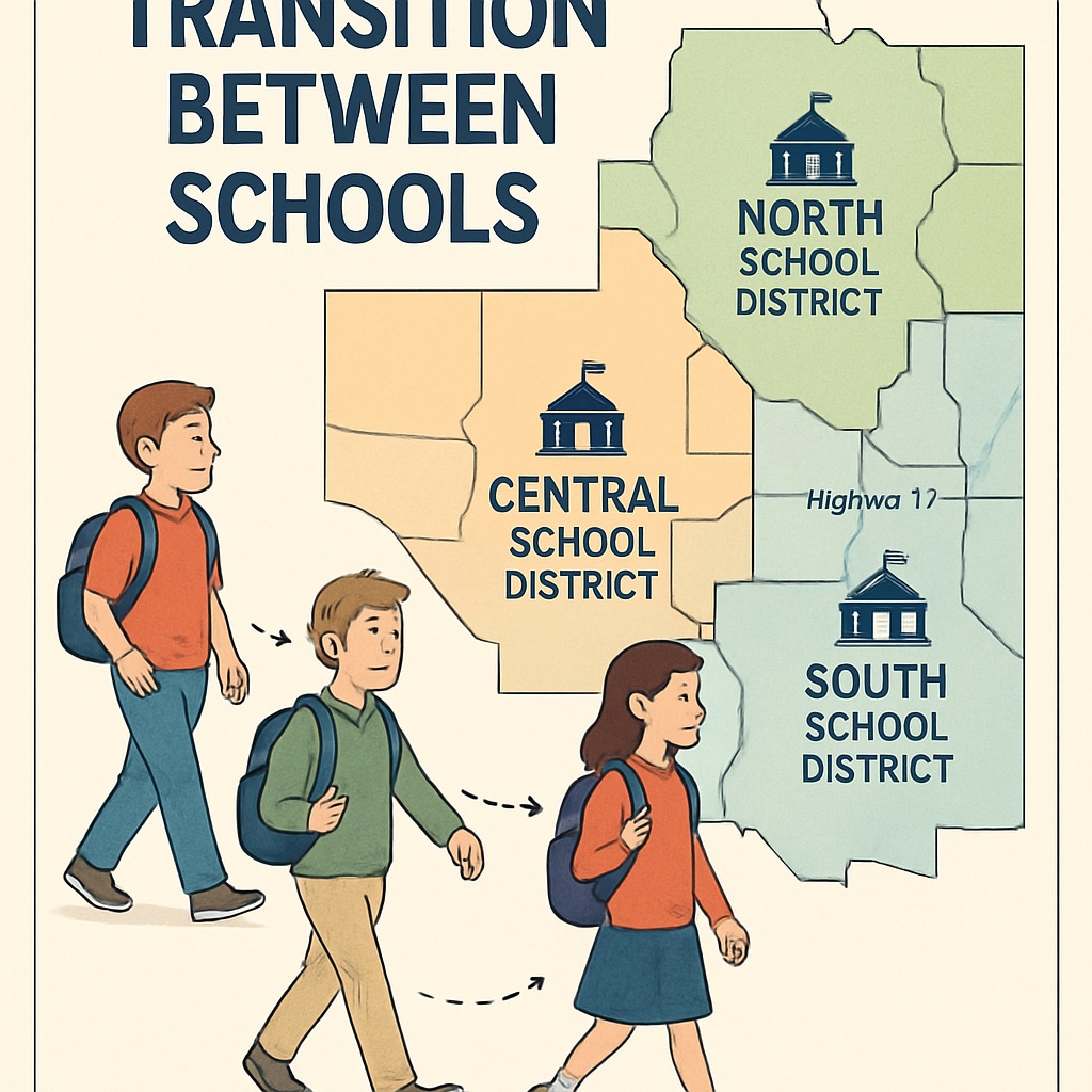 An image depicting students transitioning between schools with various district boundaries marked on a map. Students navigating school transfers across district boundaries