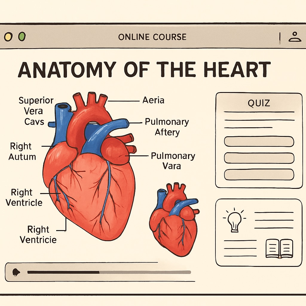 An interactive online course screen showing a lesson on the heart's anatomy, with diagrams and quizzes visible. Online cardiology course interface for beginners, featuring visual aids.