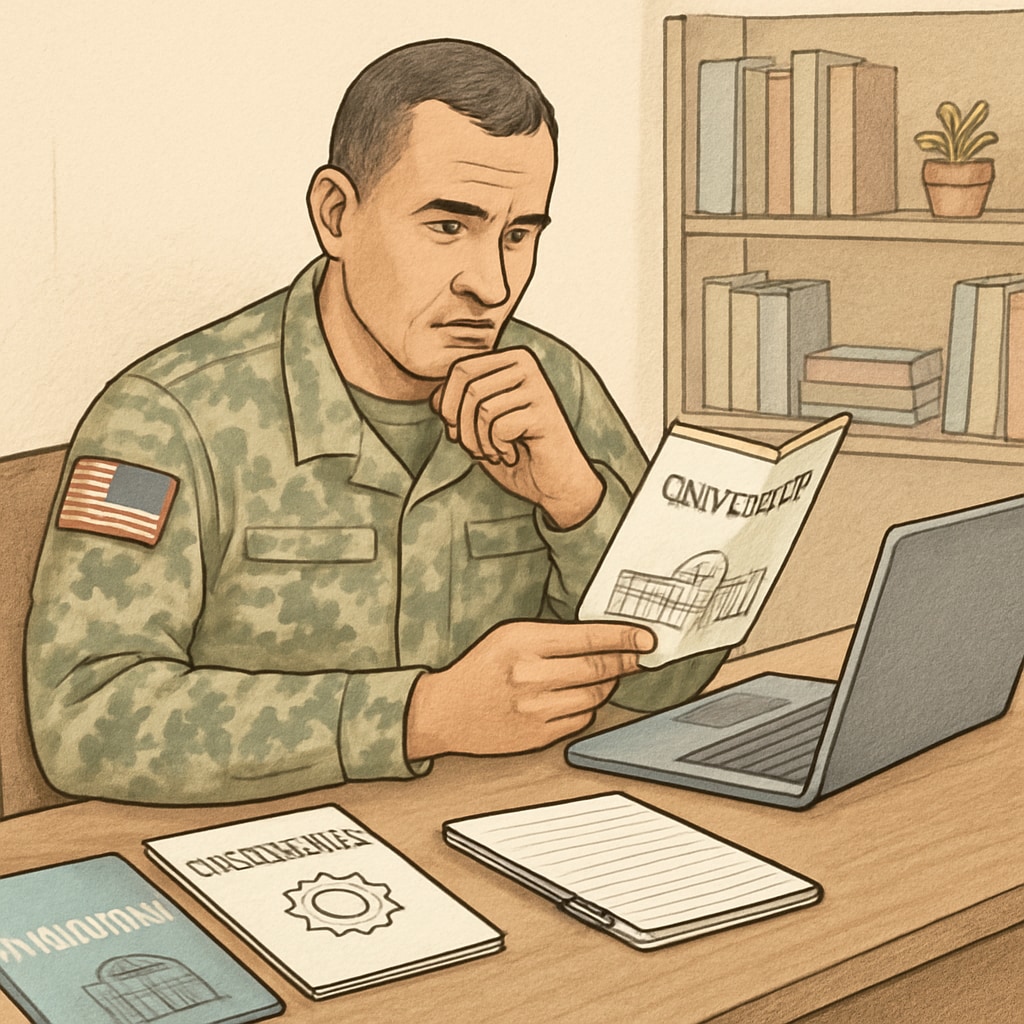 A military veteran reviewing university options for engineering degrees, sitting at a desk with brochures and a laptop. Military veteran exploring bachelor's degree options in automotive-related fields.