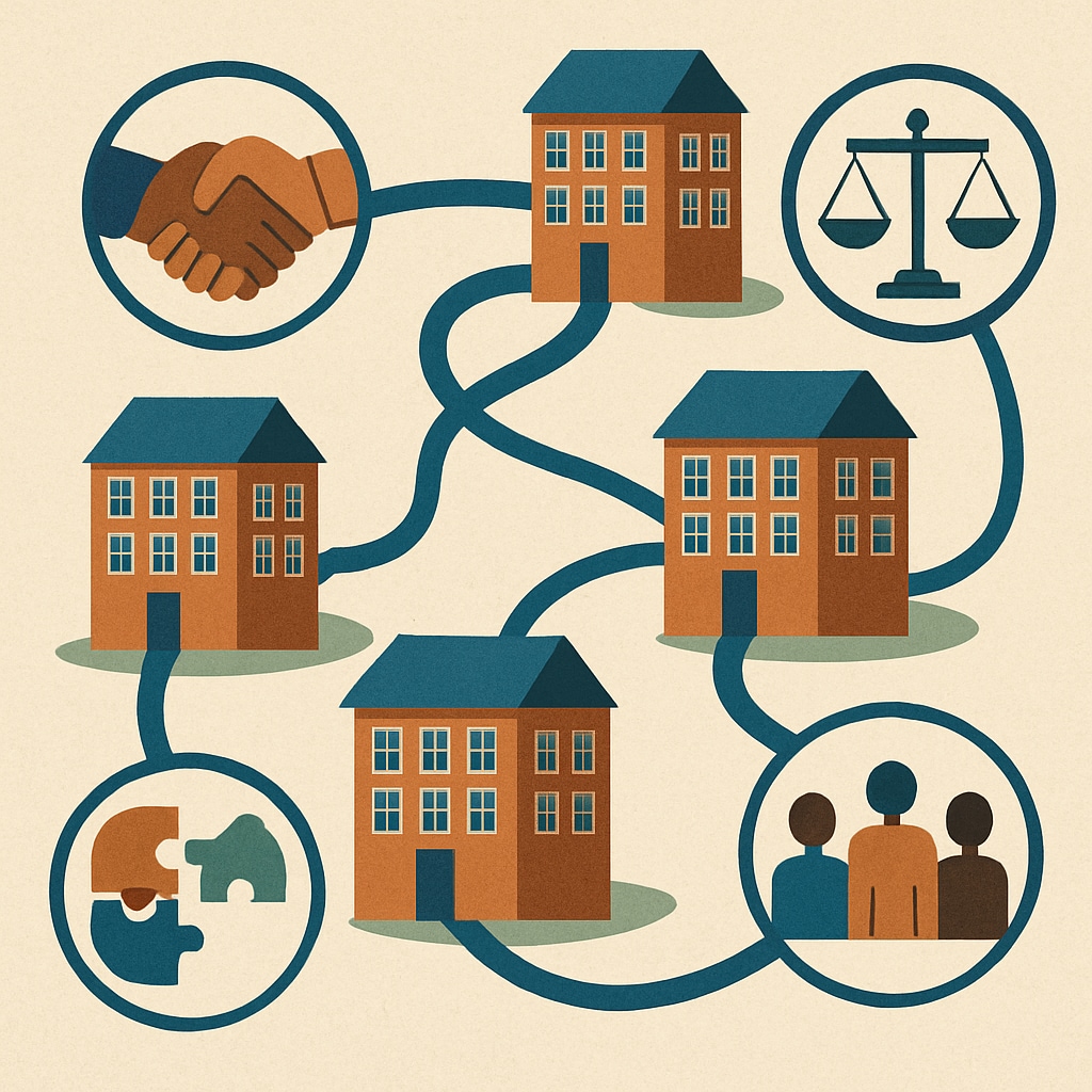 A visual representation of school districts cooperating to facilitate smoother student transitions, symbolizing fairness and inclusivity. School districts working together to ensure equitable transfers