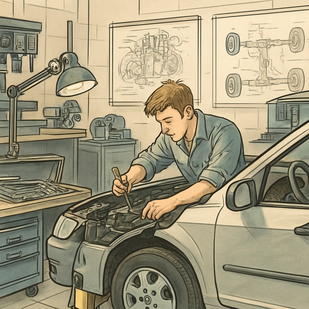 An automotive engineering student working on a vehicle in a university lab, showcasing hands-on learning. Automotive engineering student conducting vehicle diagnostics in a lab environment.