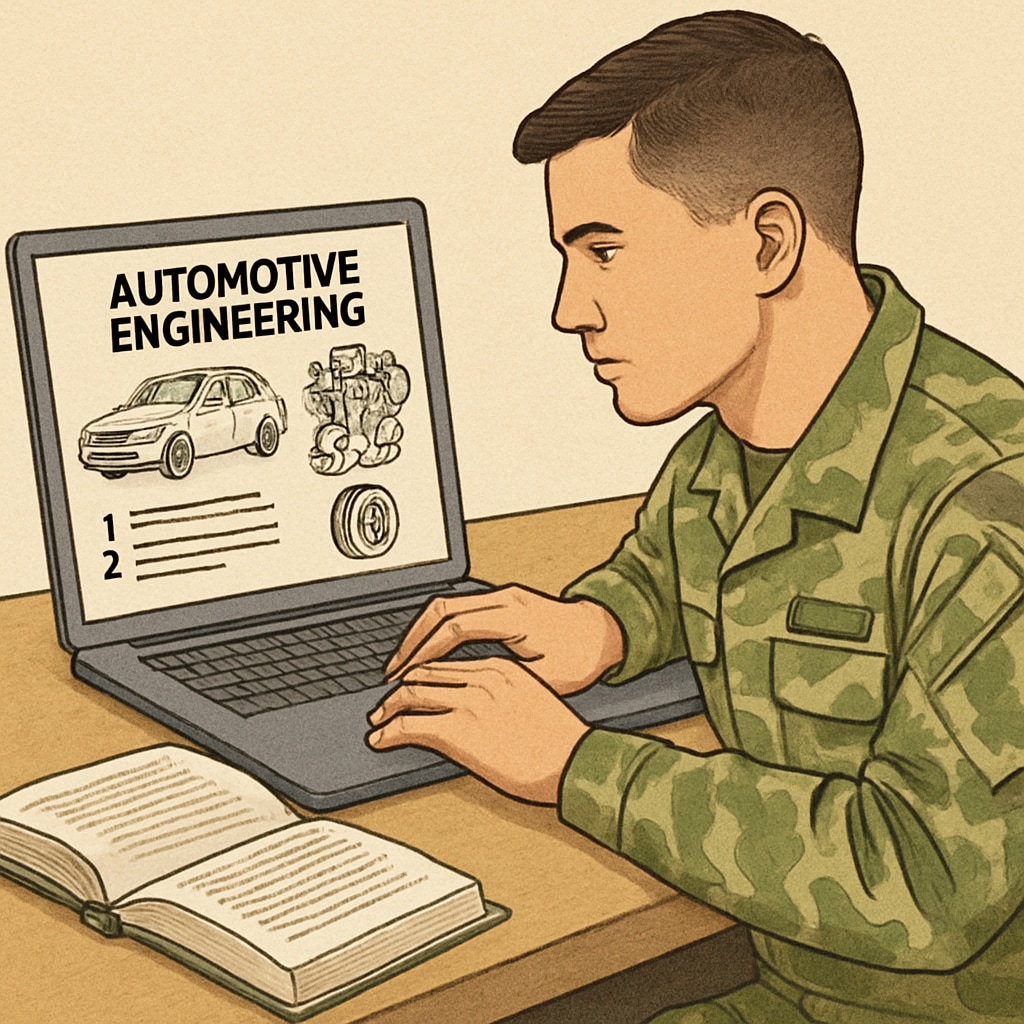 Military student reviewing automotive technology coursework.