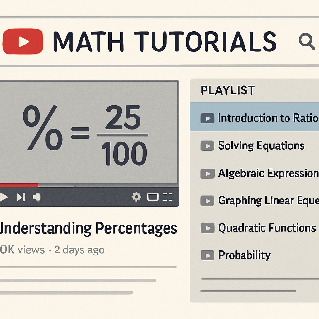 A screenshot of a YouTube channel featuring math tutorials with a visible playlist on topics like percentages, ratios, and algebra. YouTube channel with math tutorials for campus recruitment test preparation.