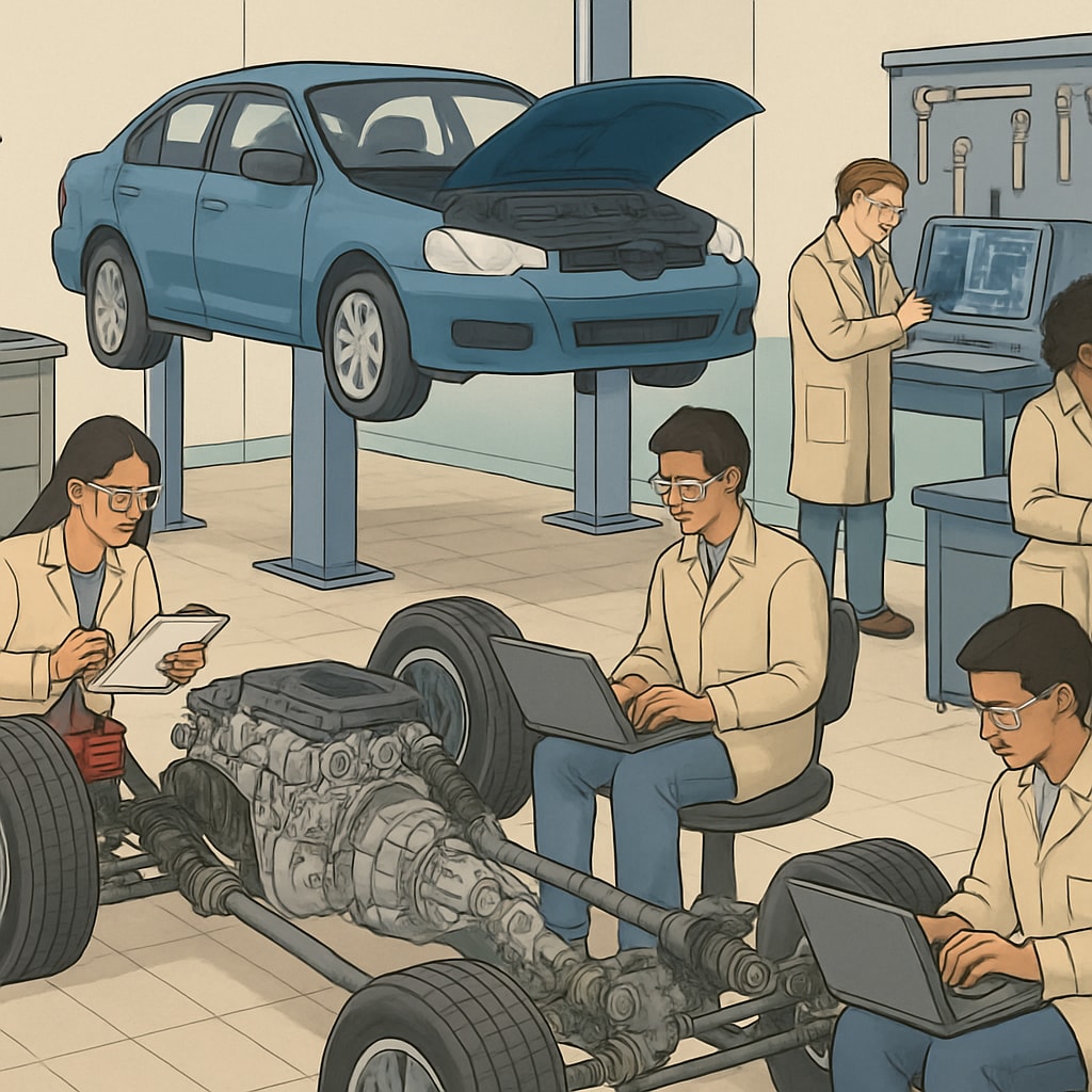Students in an automotive engineering lab working on vehicle components.