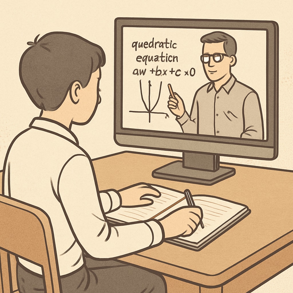 A student watching a math tutorial on YouTube, with a notebook and pen nearby, actively taking notes. Student taking notes while watching a YouTube math tutorial for campus recruitment prep.