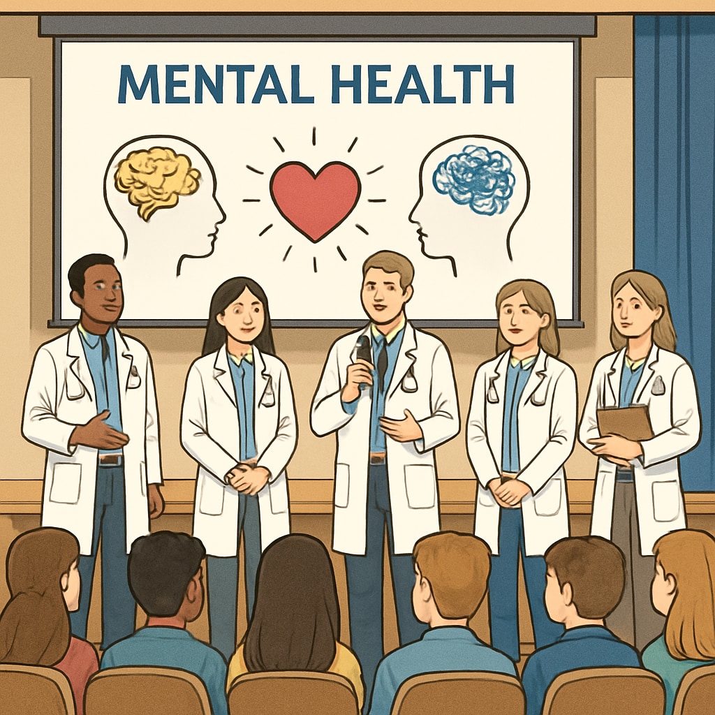 A group of medical students giving a mental health talk to high school students in an auditorium. Medical students hosting a mental health talk for high school students.
