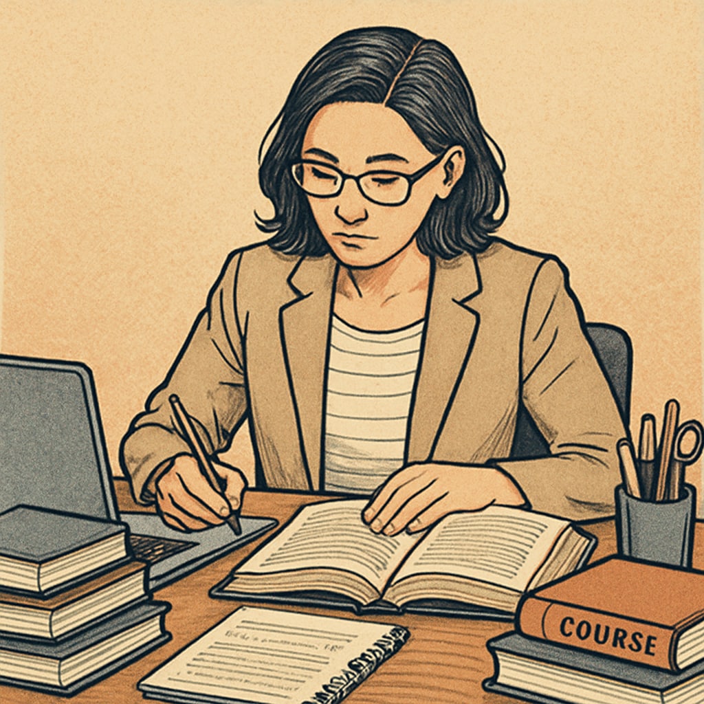 A busy educator sitting at a desk with books and a laptop, multitasking between lesson planning and studying for a graduate course. An educator balancing career and academic work at their desk.