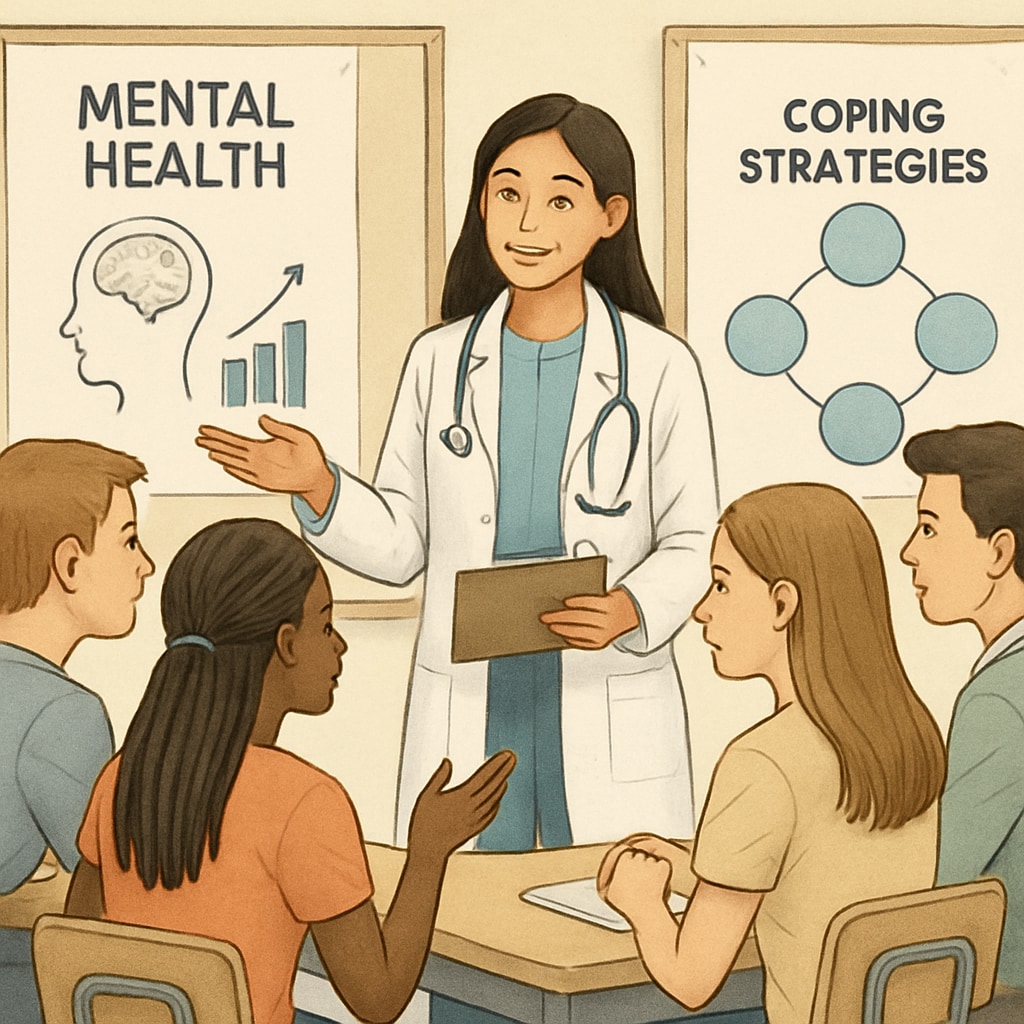 A medical student leading an interactive mental health workshop with high schoolers, using visual aids and group discussions. Interactive mental health workshop for high school students led by a medical student.