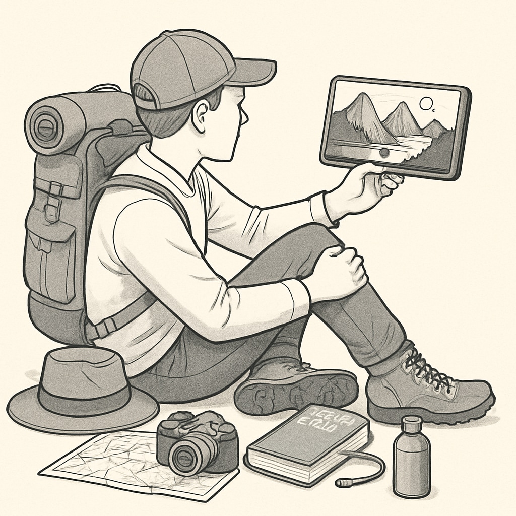A traveler watching a short video about a destination on their smartphone while surrounded by travel gear. Viewing travel-related short videos on a smartphone.