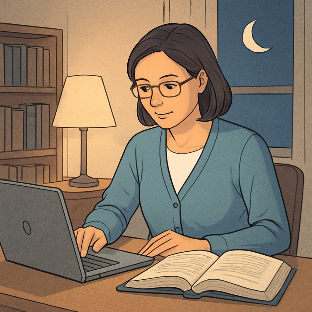 A teacher studying on a laptop at home in the evening, with a cup of coffee and a textbook by their side. A teacher using online learning tools to balance work and study.