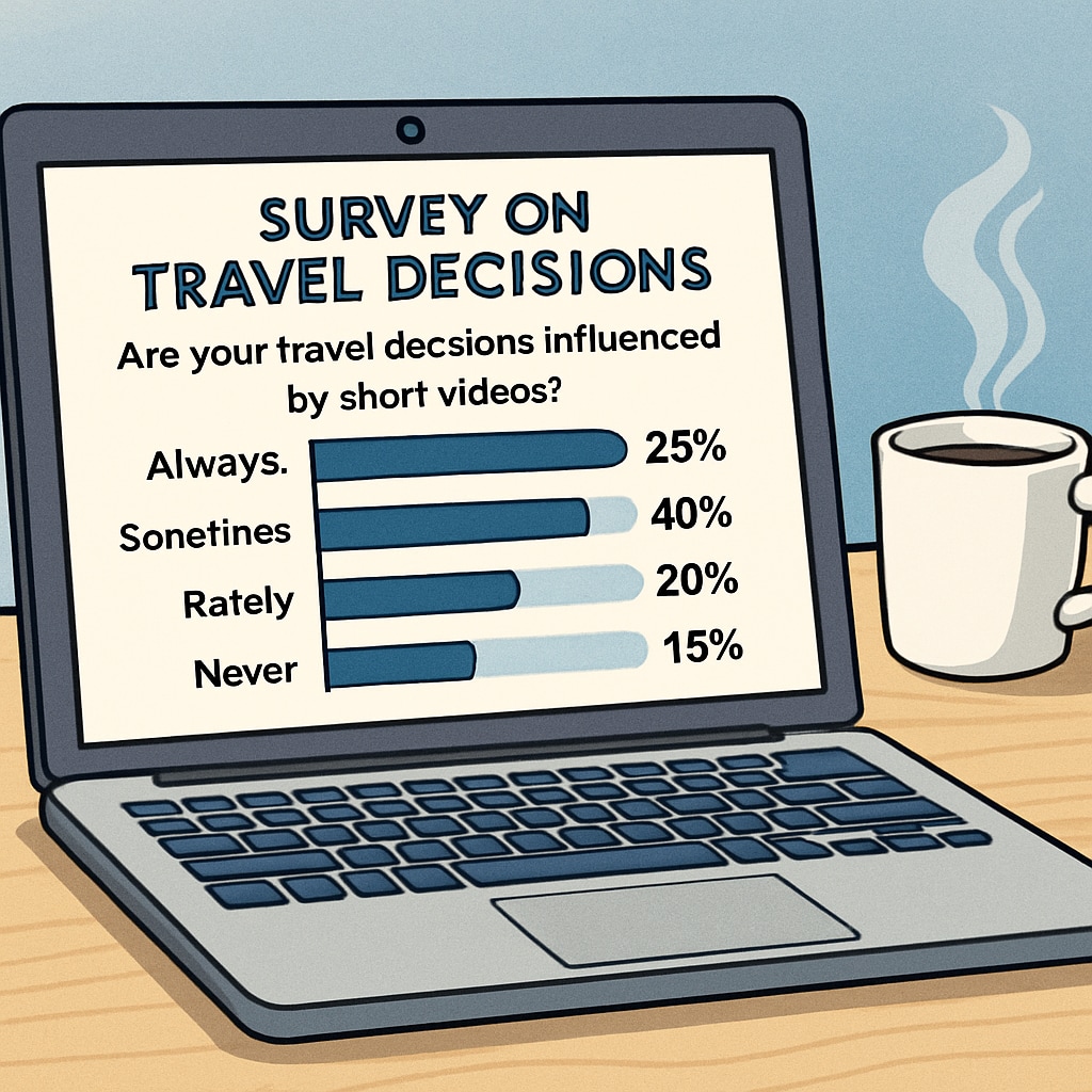 A laptop screen displaying a survey about travel decisions influenced by short videos, with a cup of coffee next to it. Survey about travel decisions influenced by short videos.