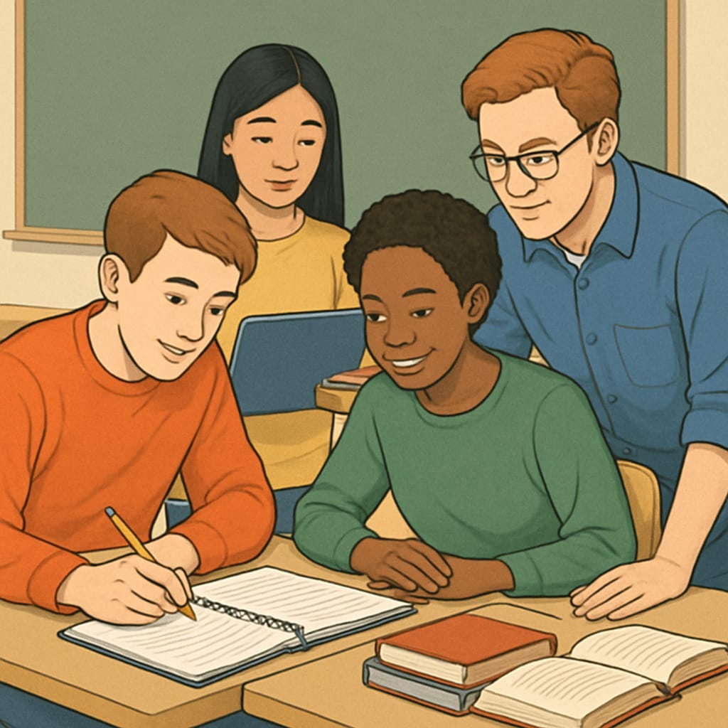 A diverse group of students collaborating on a project, symbolizing the collaborative and flexible nature of the UK’s A Levels system. Diverse students collaborating, symbolizing the flexibility of the UK’s A Levels system.
