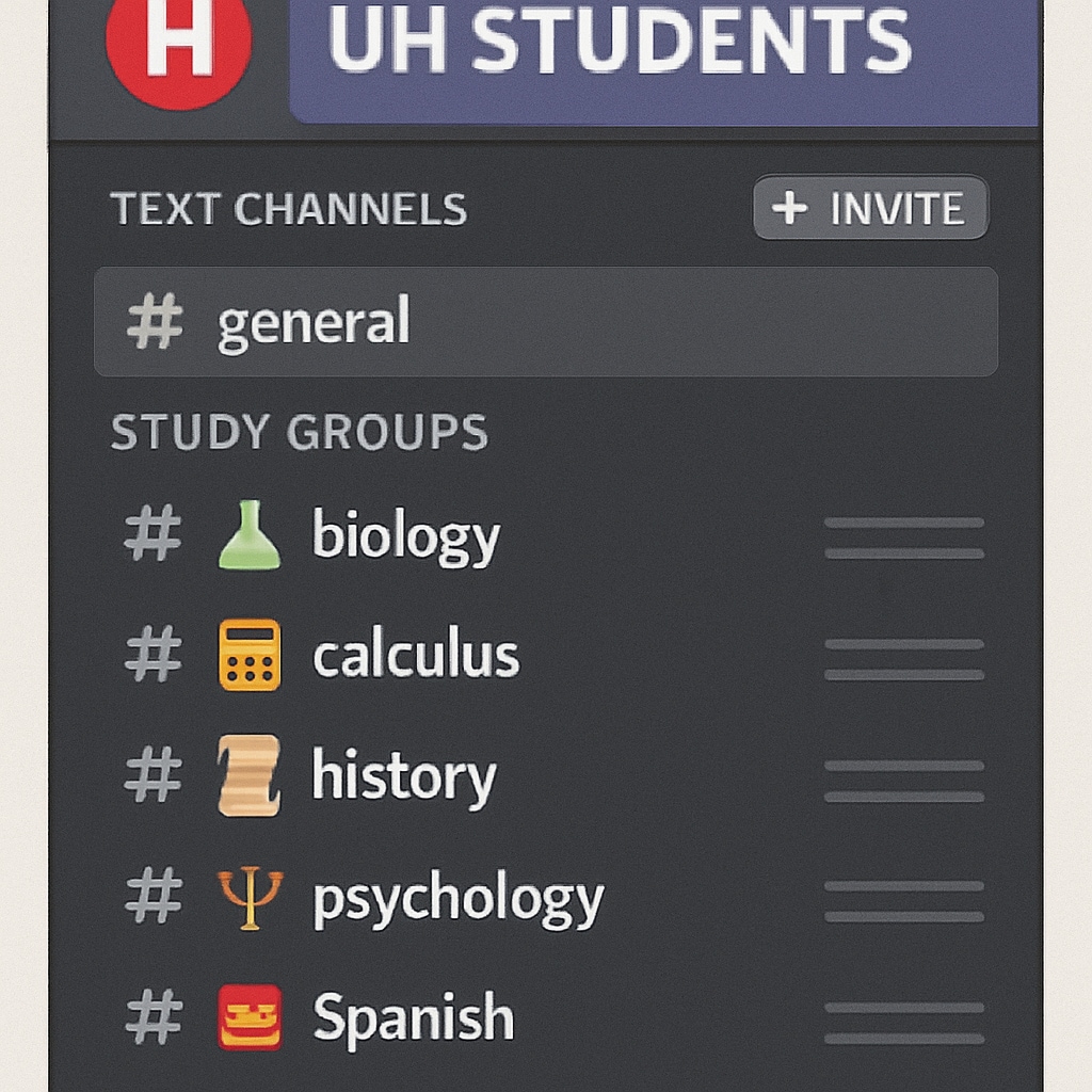 Discord server interface with study group channels for UH students.
