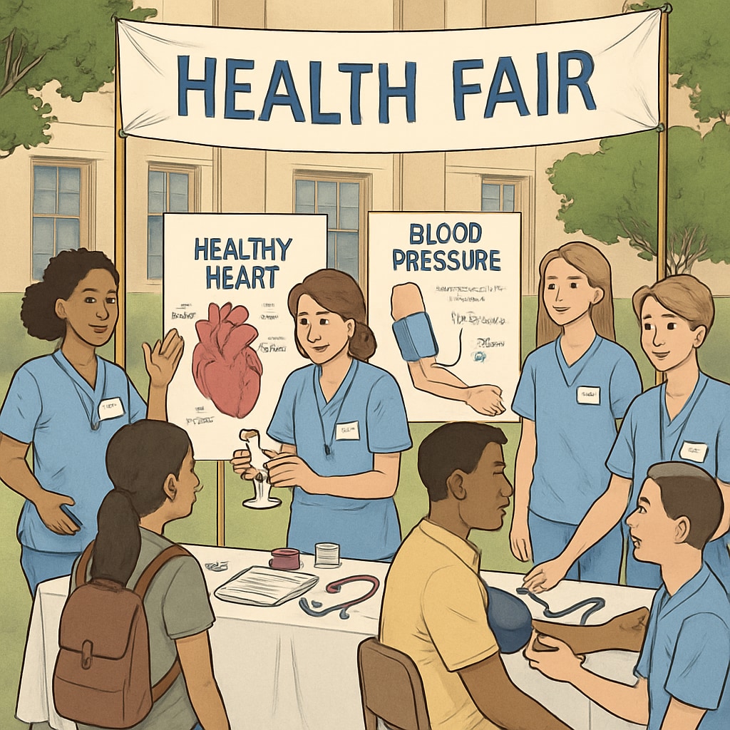A group of nursing students participating in a campus health fair, showcasing active campus involvement in healthcare-related activities. Nursing students at a campus health fair highlighting nursing programs and EMT experience.